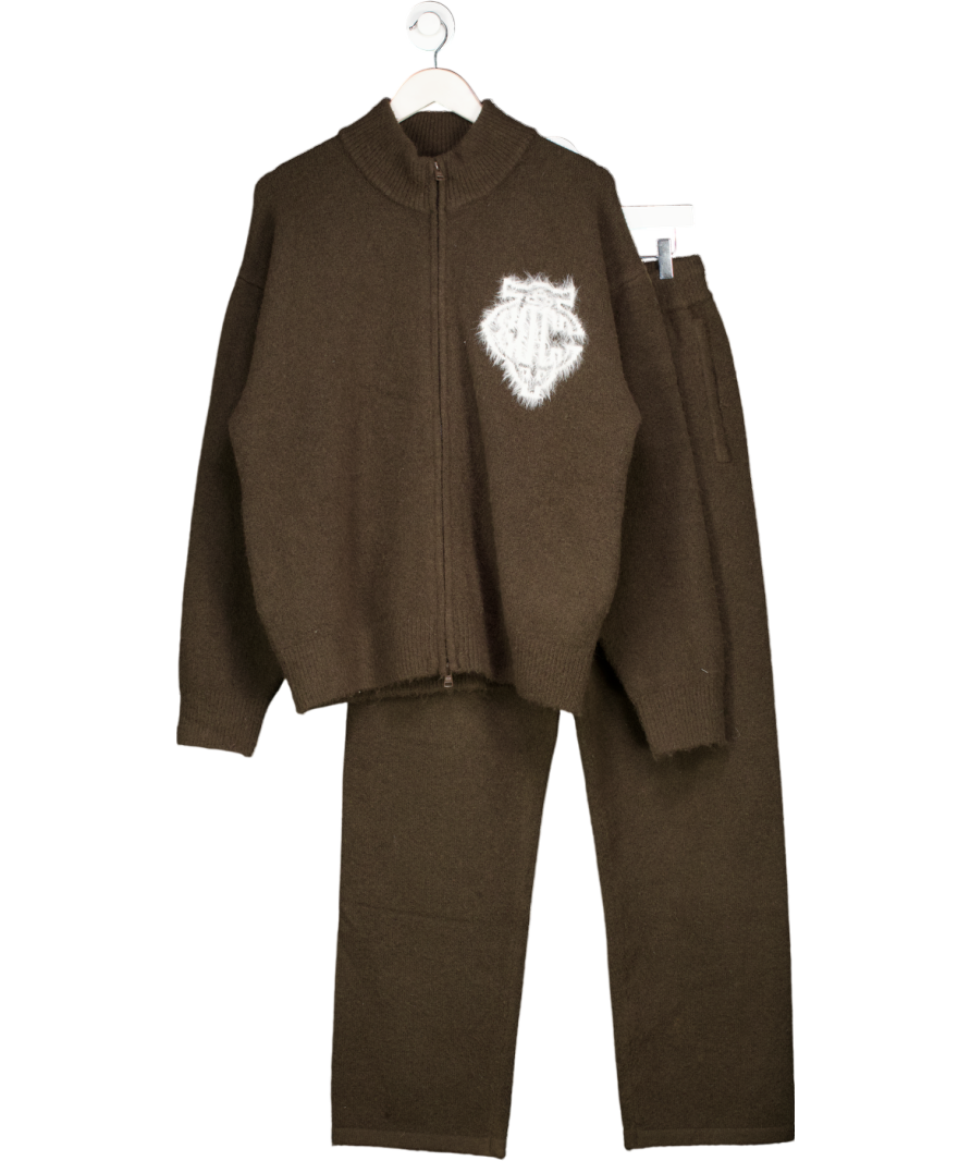 The Couture Club Chocolate Brown Monogram Fluffy Knit Zip Through And Straight Leg Jogger UK S
