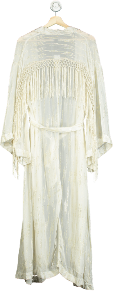 Karen Millen Ivory Fringed Viscose Metallic Thread Woven Kimono UK XS