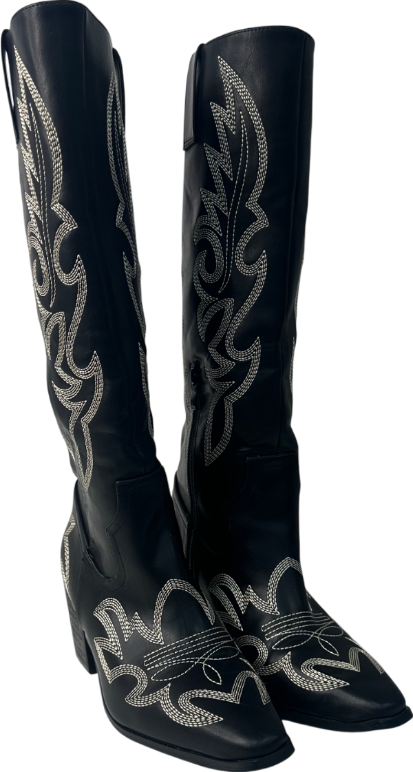 boohoo Black Vintage Look Calf Detail Embroidered Western Cowboy Boots UK 5 EU 38 👠