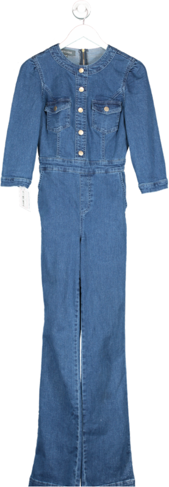 SOSANDAR Blue Long Leg Slim Flare Puff Sleeve Button Through Jumpsuit UK 6