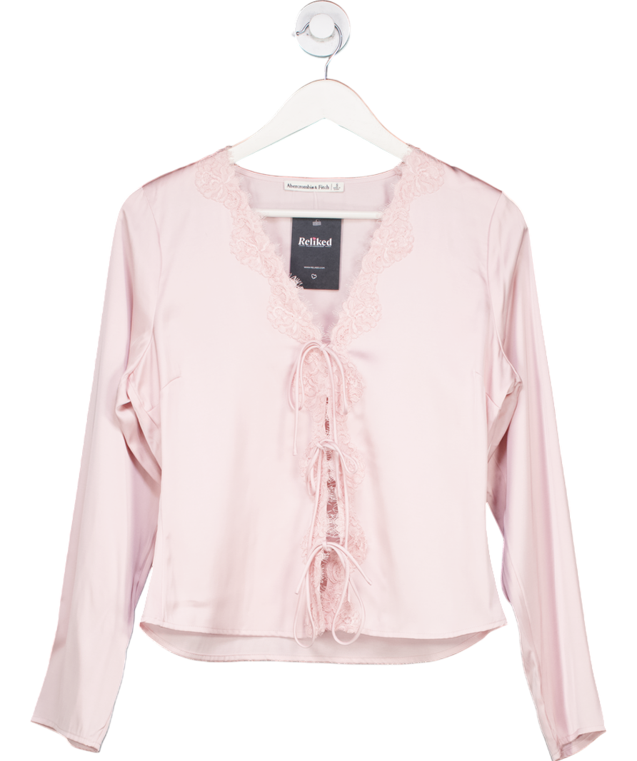Abercrombie & Fitch Pink Long-sleeve Lace-trim Tie-front Top UK S