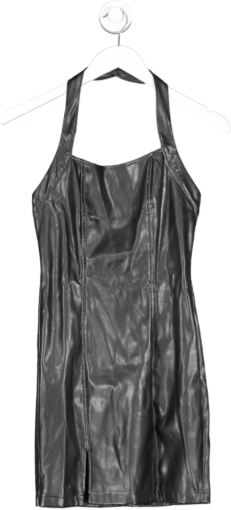 PrettyLittleThing Black Faux Leather Halter Mini Dress UK 6