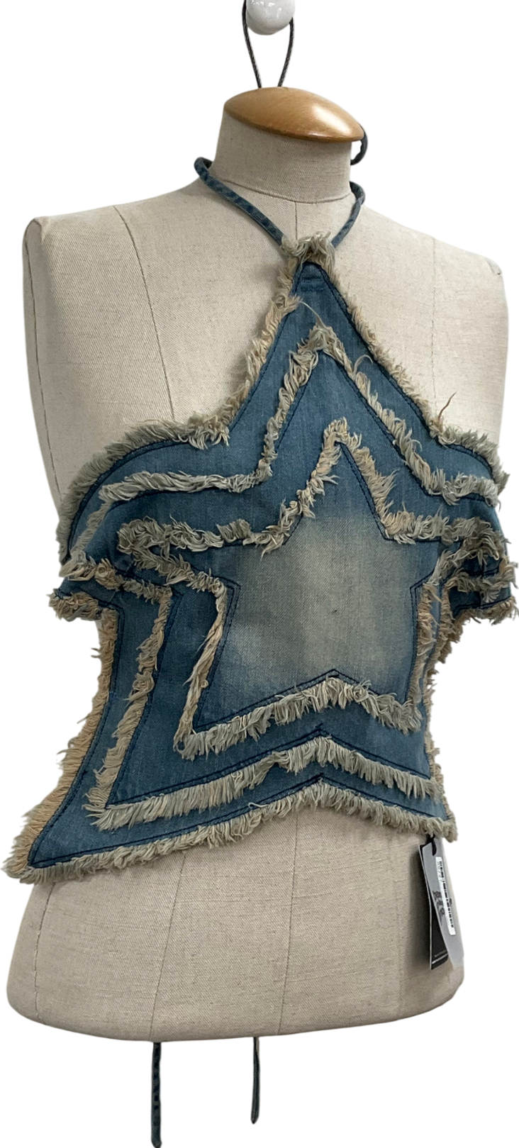 Basic Pleasure mode Blue Raw Edge Denim Star Halter Top Co-ord In Distressed Mid Wash UK 14