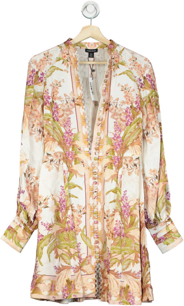 Karen Millen Pink Mirrored Floral Viscose Linen Mini Dress UK 6