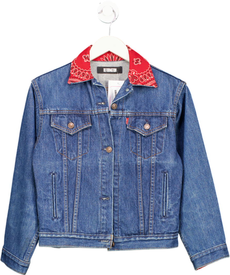 Reformation Blue X Levi's Reworked Denim Jacket With Paisley Collar UK XS