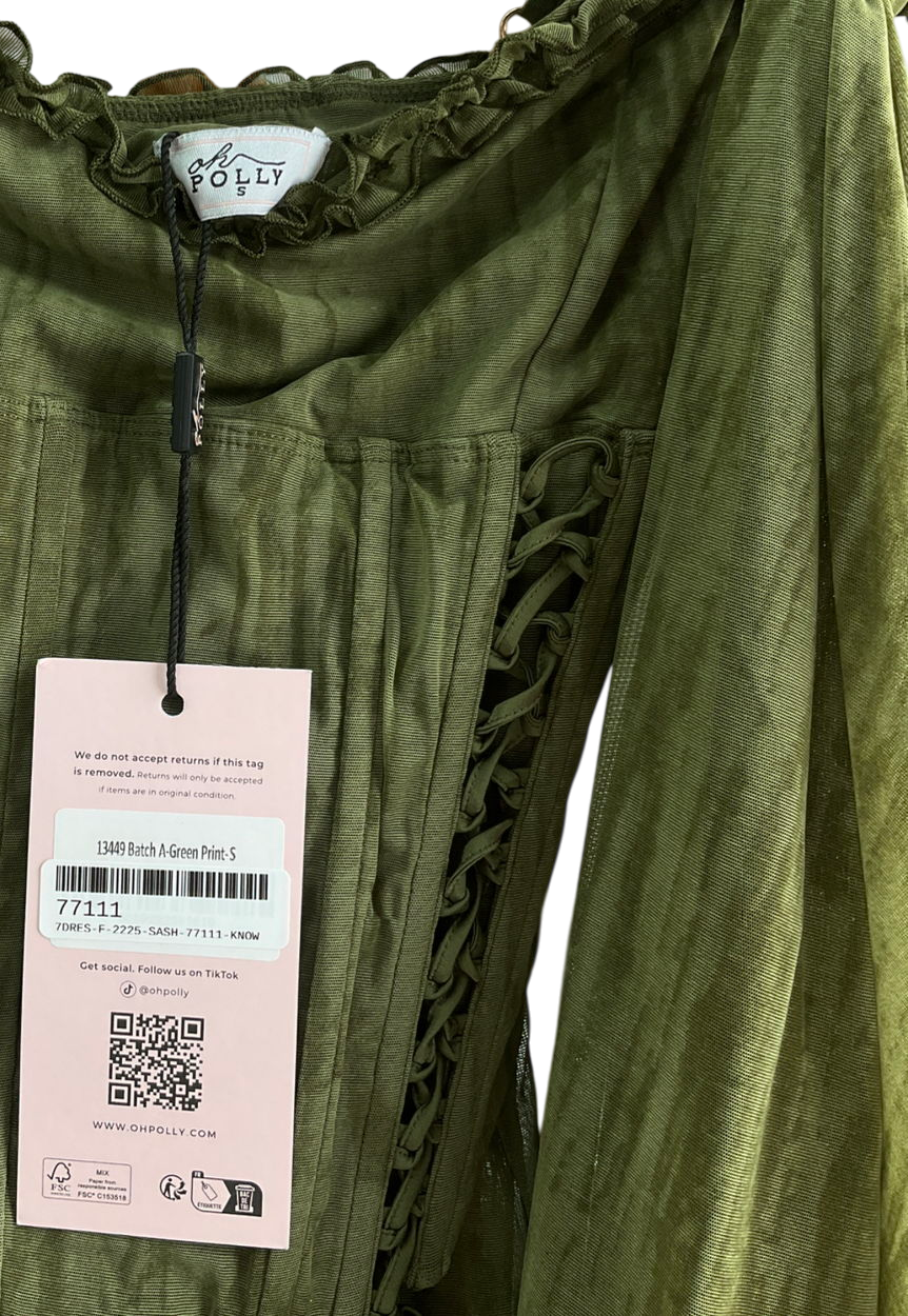 Oh Polly Carmen Lace-up Ruffled Flared Jumpsuit In Green Print UK S