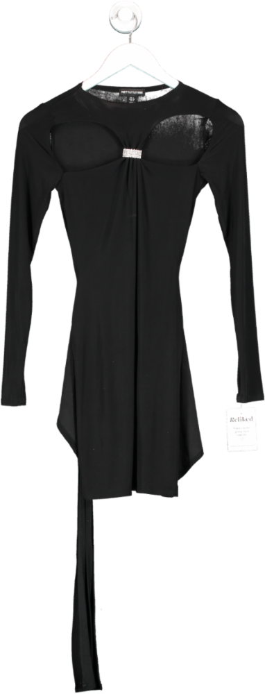 PrettyLittleThing Black Slinky Cut Out Diamante Tie Detail Long Sleeve Bodycon Dress UK 4