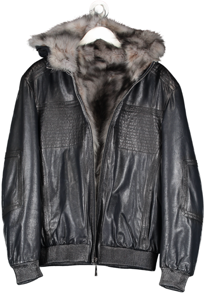 Helmsman Collection Blue Luxury Leather Hooded Bomber Jacket With Real Fur Lining UK 52"