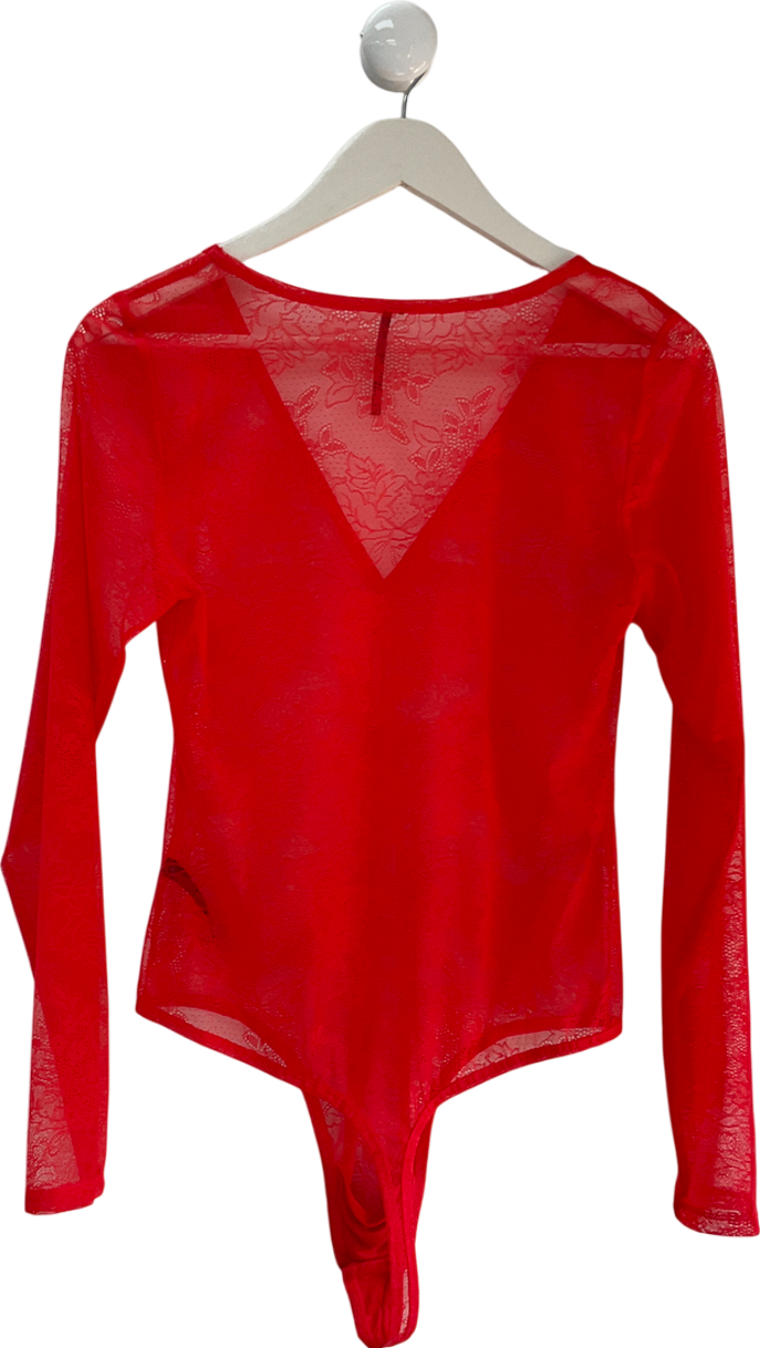 anthropologie Red Deep V-neck Lace Bodysuit UK L
