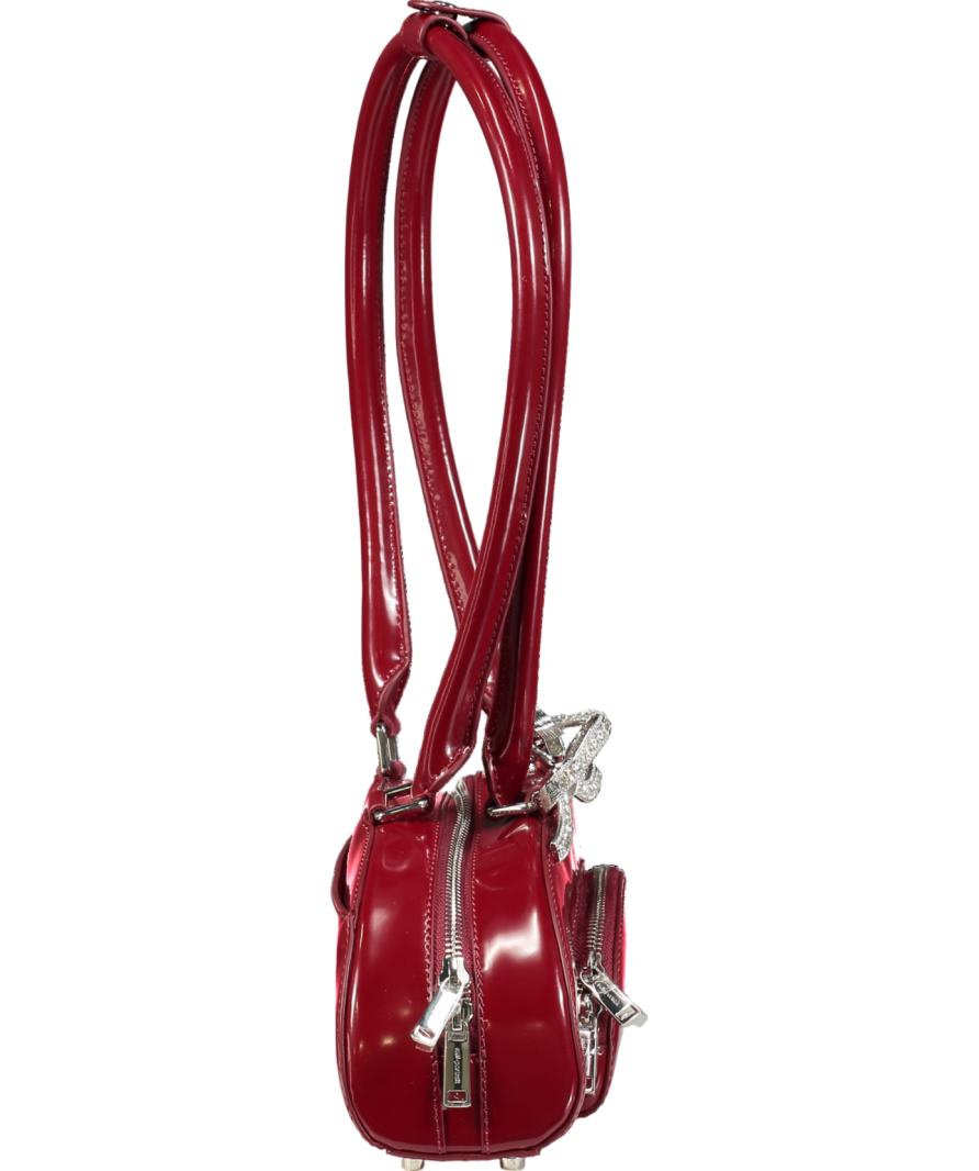 Self-Portrait Red Bow-embellished Curved Leather Shoulder Bag