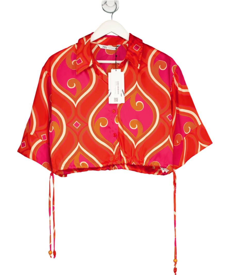 ZARA Red Vibrant Print Satin Cropped Shirt UK M
