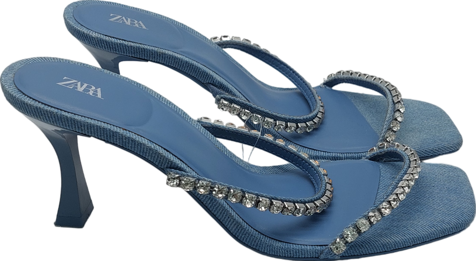 ZARA Blue Embellished Denim Heeled Sandals UK 4 EU 37 👠