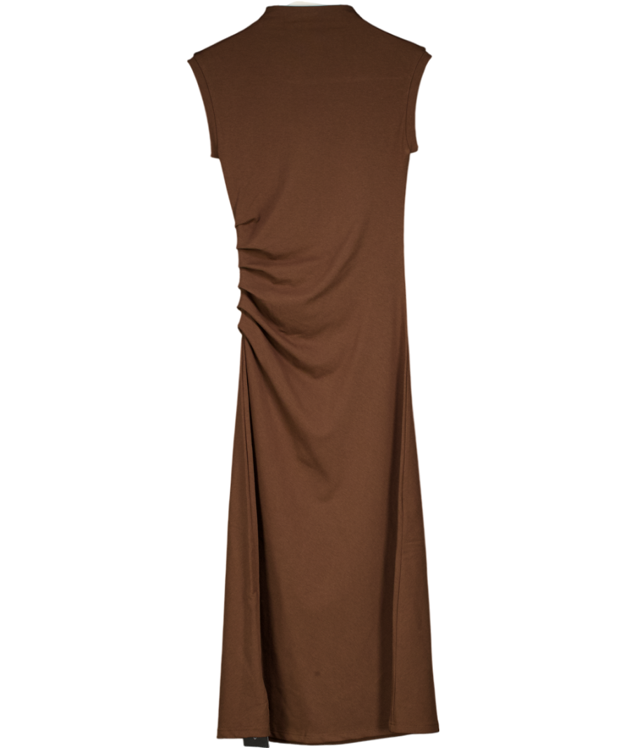 OGL Brown Thermal Cotton Blend Mockneck Tucks Midi Dress UK XS