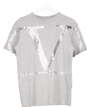 Valentino Grey Cotton V-Logo Sequins Embellished T-shirt UK XS