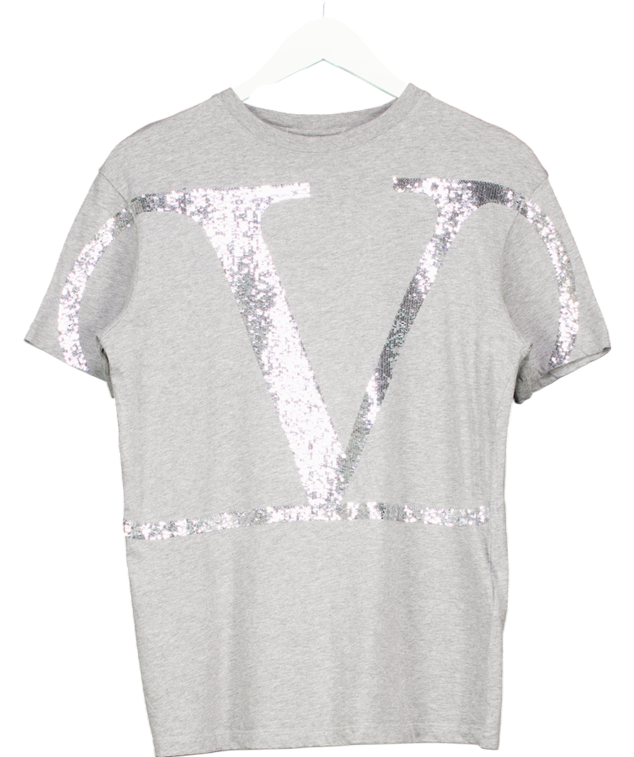 Valentino Grey Cotton V-Logo Sequins Embellished T-shirt UK XS