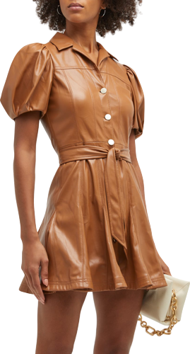 Alice + Olivia camel Pleated Belted Vegan Leather Mini Dress  UK 8