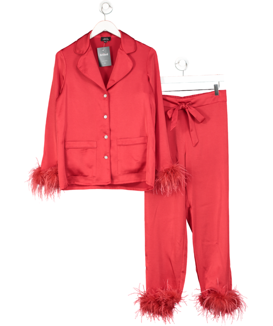 Nadine Merabi Red Satin Darcie Pyjama Set With Diamante Buttons And Feather Trim UK S