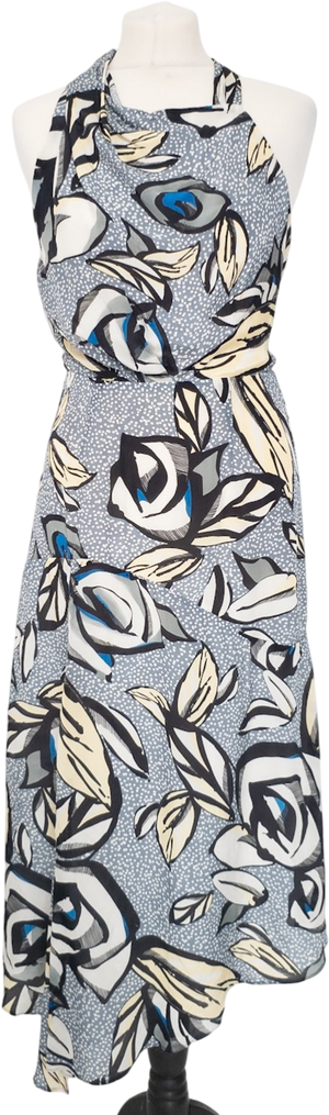 REISS Grey / Blue Rose Floral Printed Midi Dress UK 8