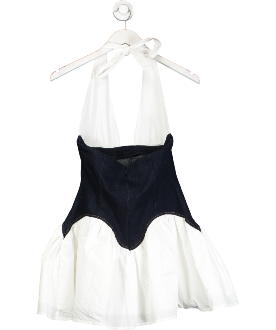 Meshki White Denim Cotton Mini Dress - Indigo Blue UK XS