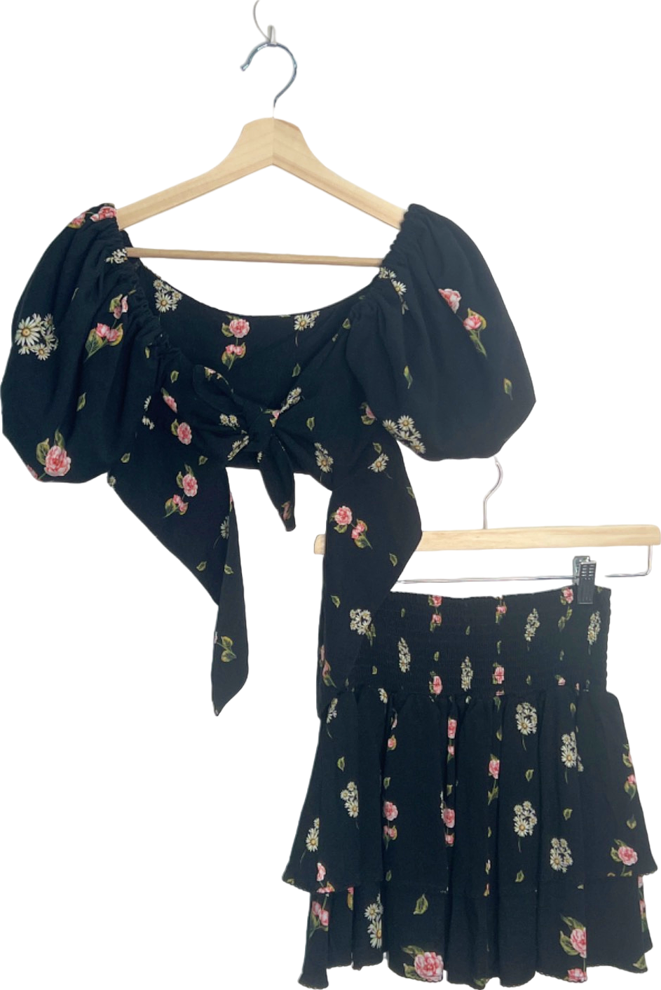 Agua Bendita Black Floral Crop Top and Skirt Set UK 8