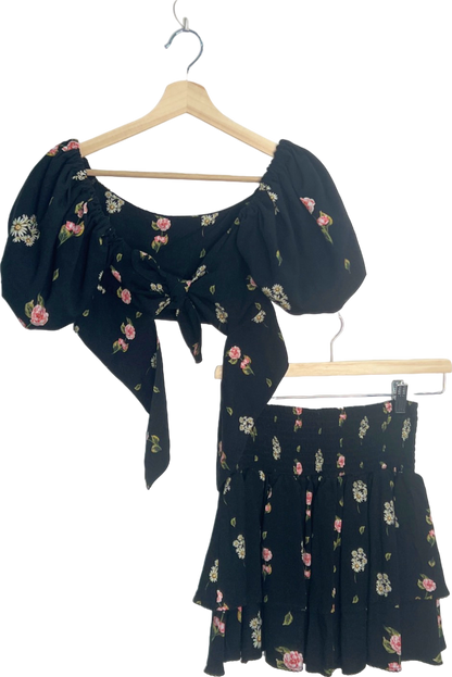 Agua Bendita Black Floral Crop Top and Skirt Set UK 8