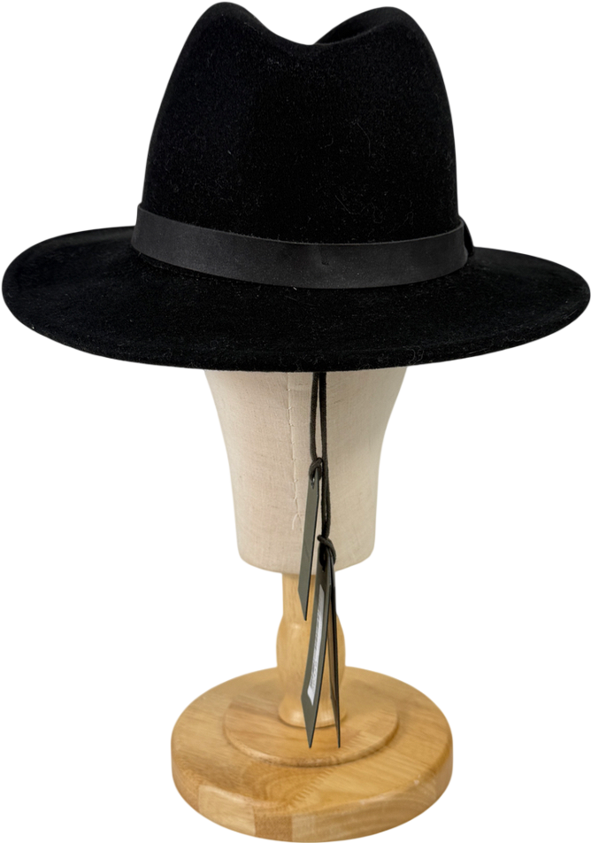 AllSaints Black Bronson Wide Brim Wool Fedora Hat UK M/L