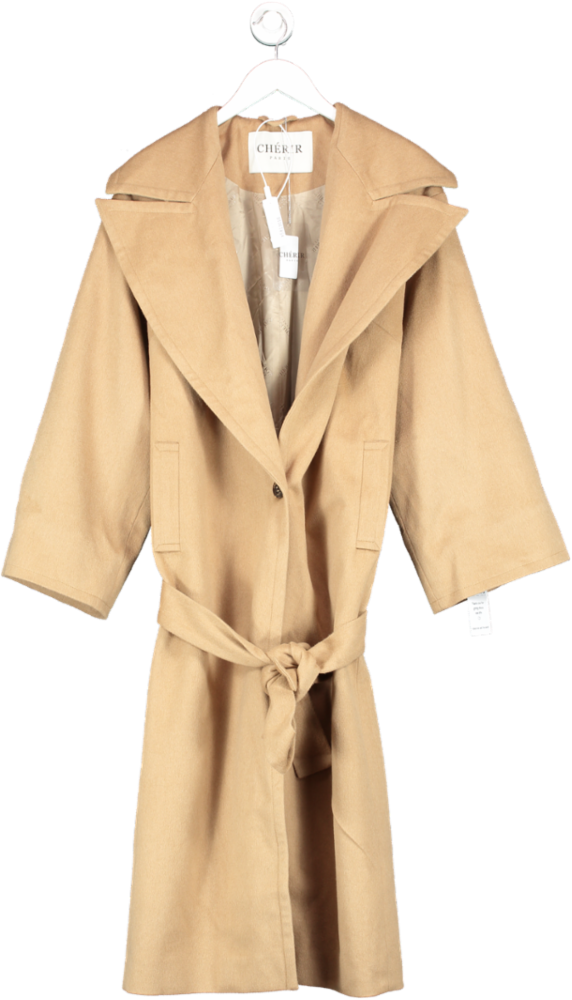 Cherir Paris Beige Camel Wool Maxi Coat With Tie Belt UK S