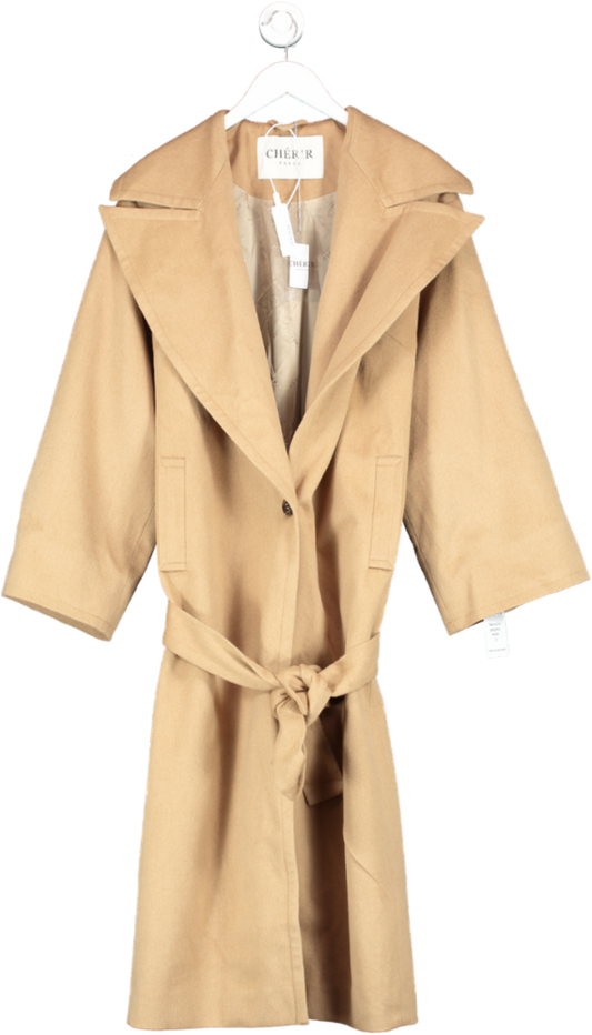 Cherir Paris Beige Camel Wool Maxi Coat With Tie Belt UK S
