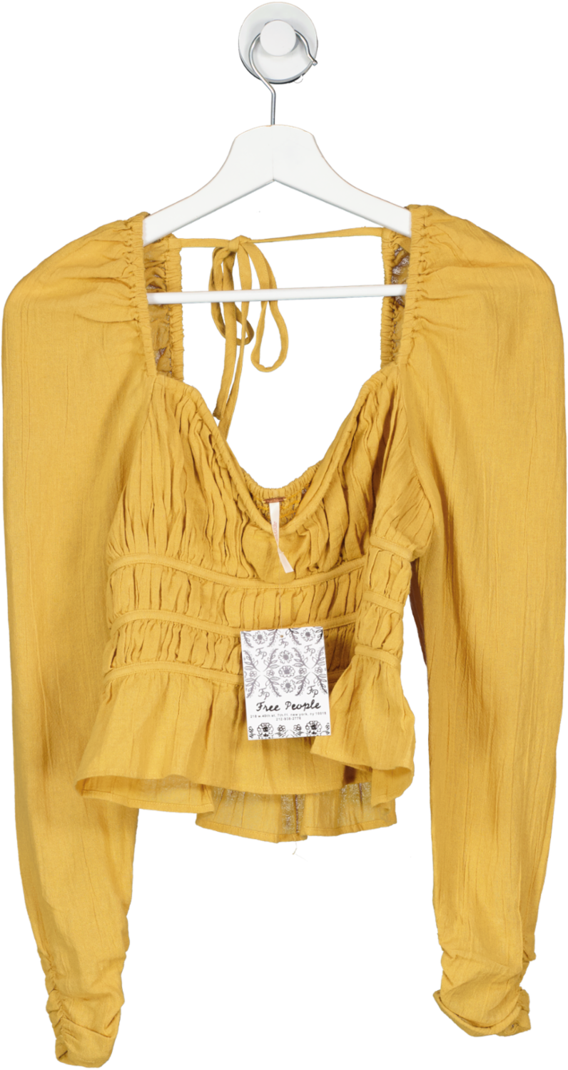 Free People Yellow Pink Ruched Blouse With Structured Sweetheart Neckline UK XS