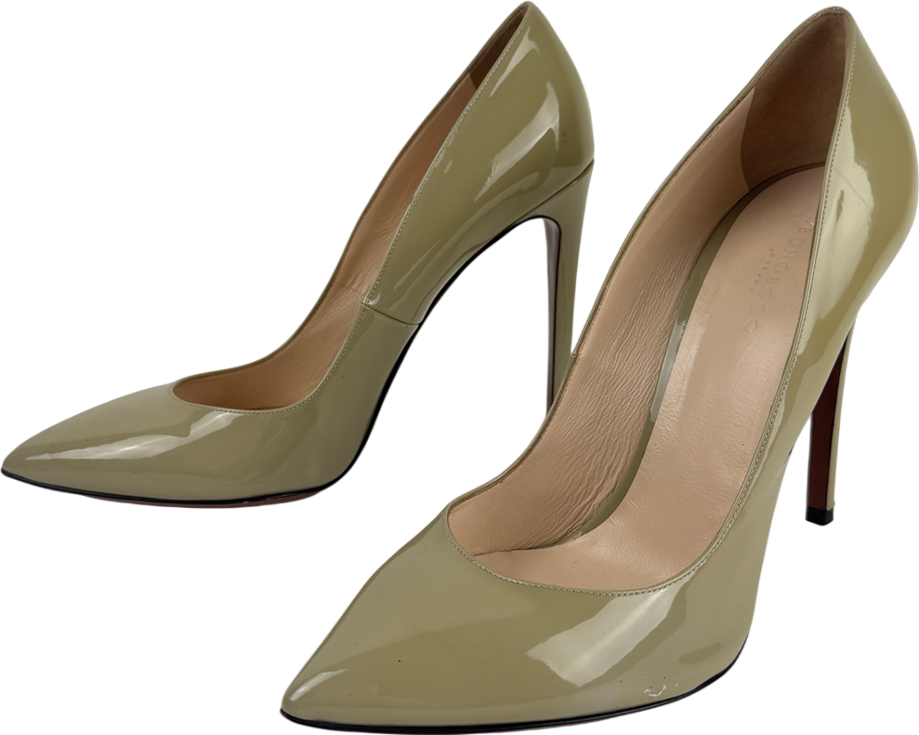 BOHOBOCO pale olive Green Slip On Patent Pointed Toe Heels UK 8 EU 41 👠