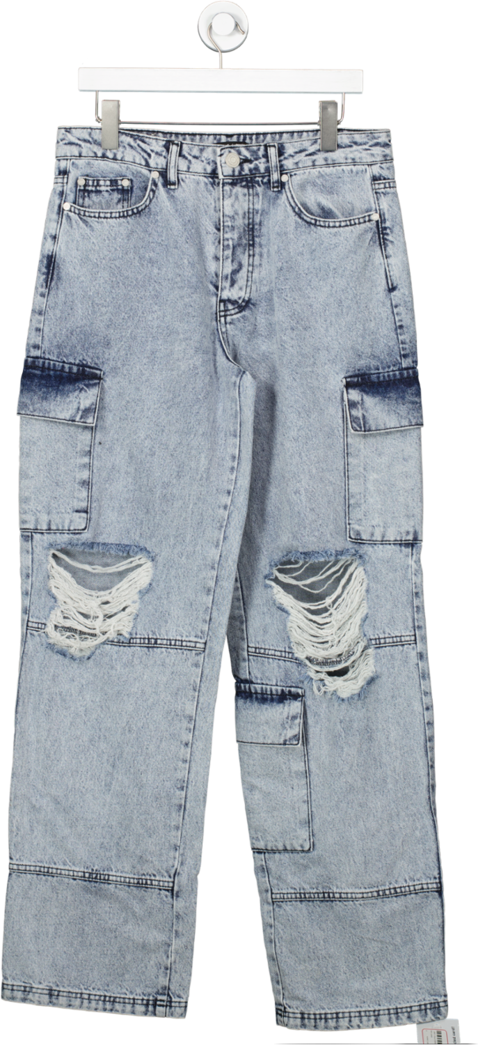 boohooMan Blue Distressed Cargo Faded Wash Jeans W30