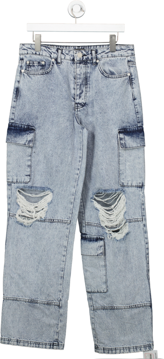 boohooMan Blue Distressed Cargo Faded Wash Jeans W30