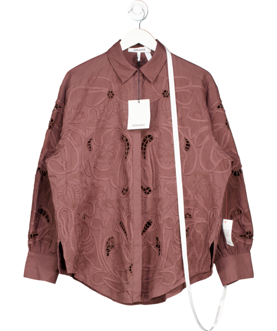 arrange Brown Cotton Mirrored Floral Embroidered Cutwork Shirt Co-ord UK 4