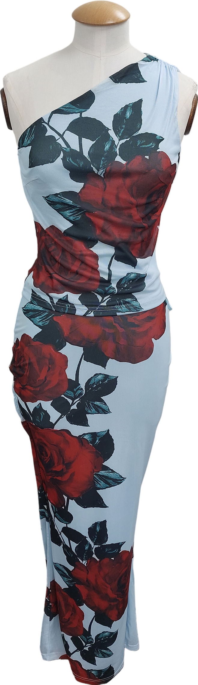 Runaway The Label Blue Rose Print One Shoulder Top And Skirt Set UK S