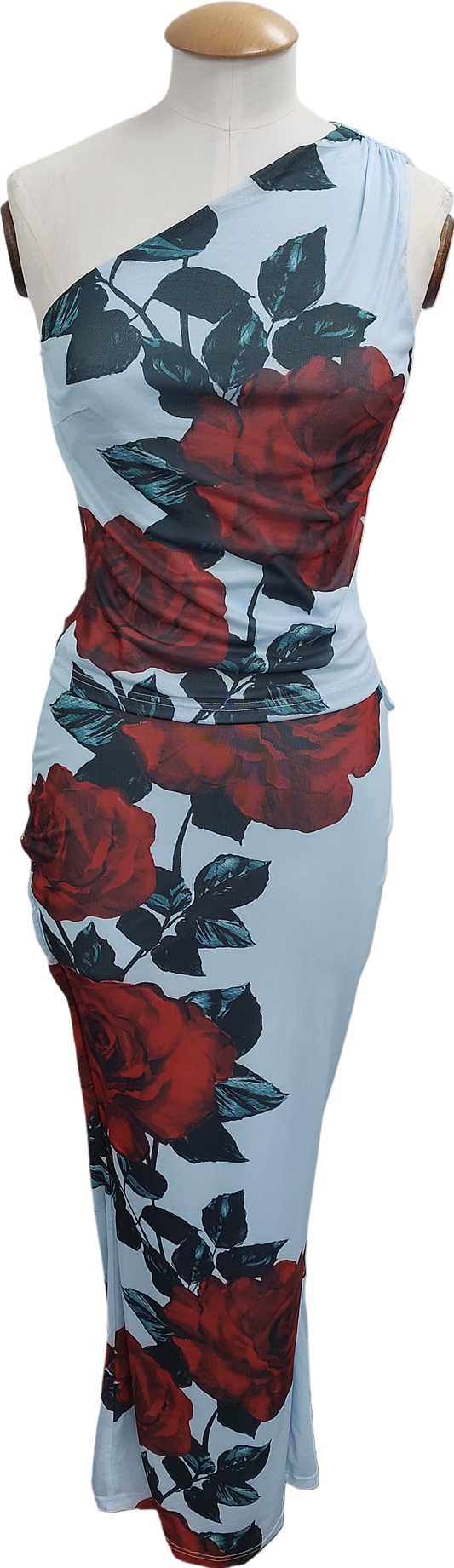 Runaway The Label Blue Rose Print One Shoulder Top And Skirt Set UK S