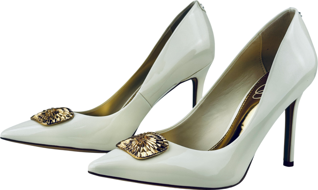 SAM EDELMAN Ivory White / Gold Hazel Radiant Embellished Faux Patent Leather Heels Us8 UK 6 EU 39 👠
