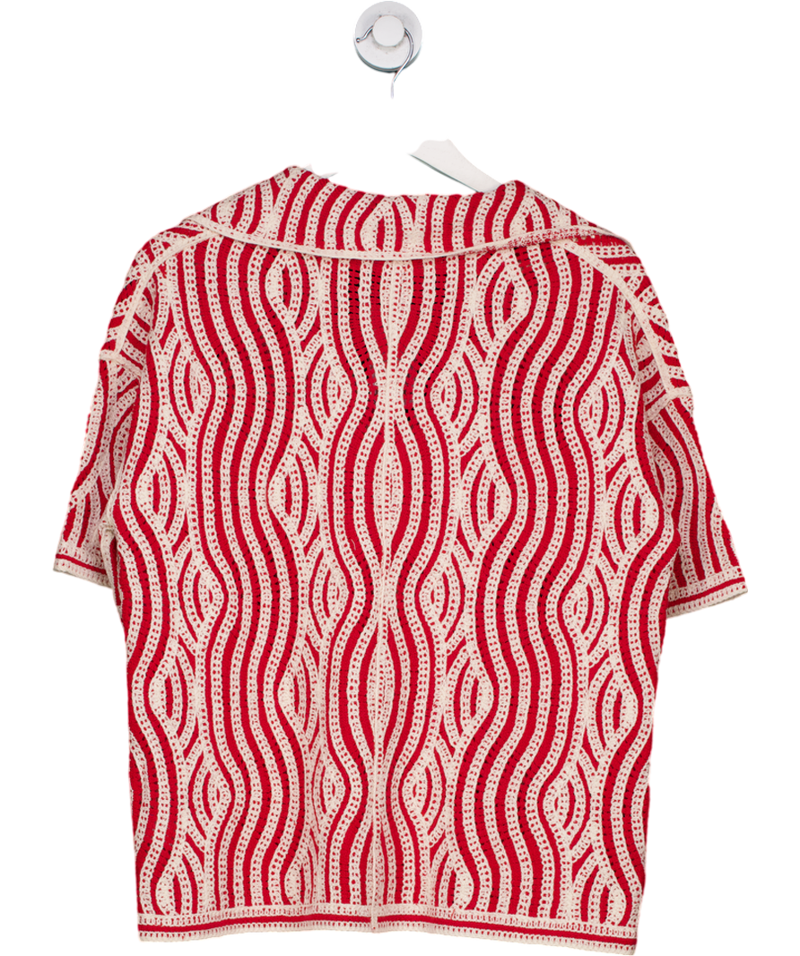 Next Red Ecru Wave Crochet Collared Short Sleeve Shirt UK S