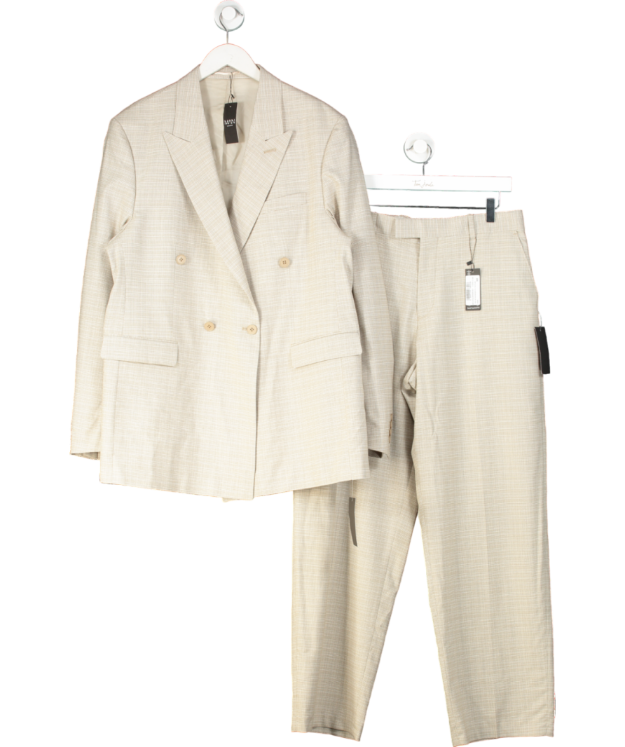 boohooMan Beige Oversized Check Double Breasted Suit - Jacket UK 42" /Trousers W32 Regular
