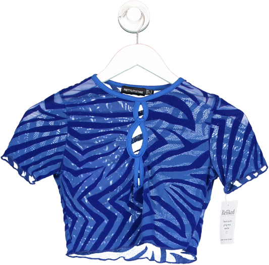 PrettyLittleThing Blue Zebra Devore Cut Out Front Short Sleeve Crop Top UK 8