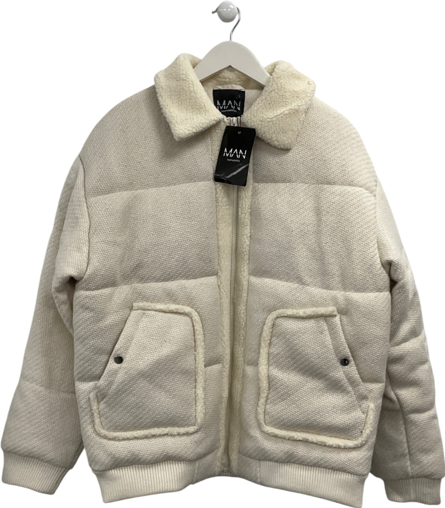 boohoo Cream Textured Puffer Borg Collar Harrington Coat UK L