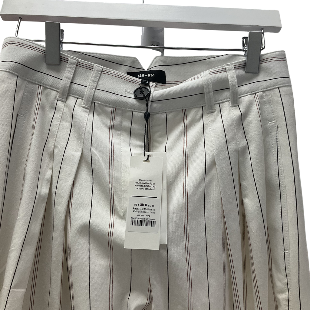 ME + EM White Multi Stripe Pleat Front Multi Stripe Wide Leg Trouser UK 8