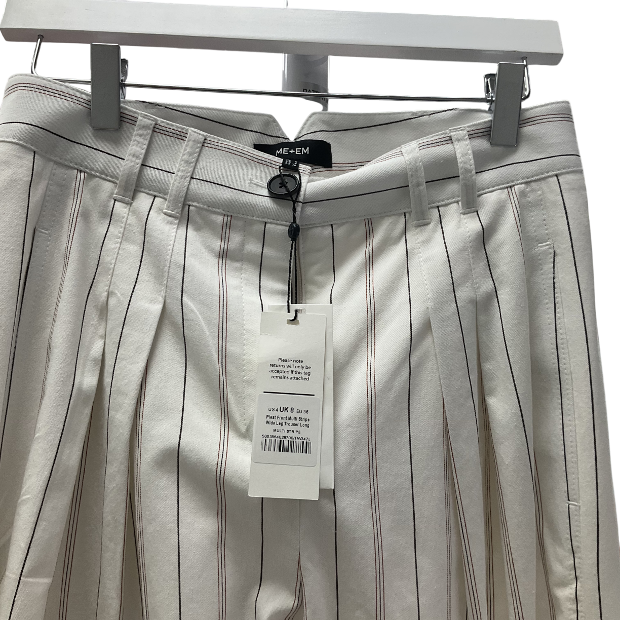ME + EM White Multi Stripe Pleat Front Multi Stripe Wide Leg Trouser UK 8