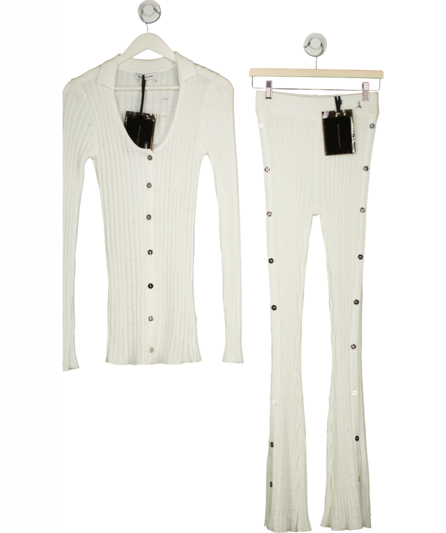maniere de voir White Ribbed Knit Set With Button Through Cardigan And Button Detail Trousers UK S