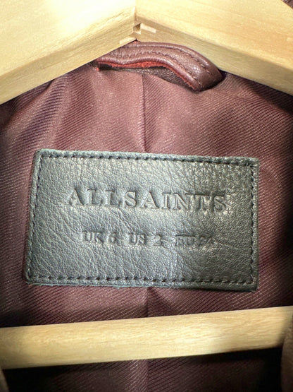 AllSaints Burgundy Leather Estella Biker Jacket UK 6