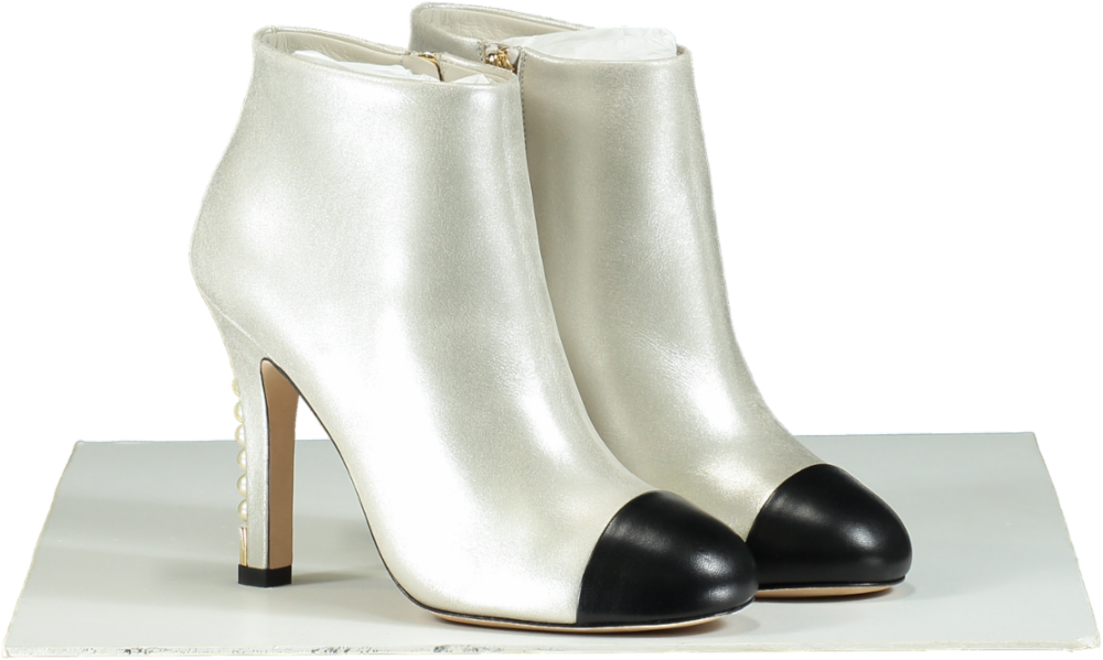 Chanel Silver & Black Cap Toe Ankle Boots UK 4.5