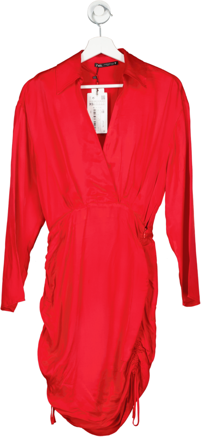 ZARA Red Satin Long Sleeve Ruched Mini Dress BNWT UK XS