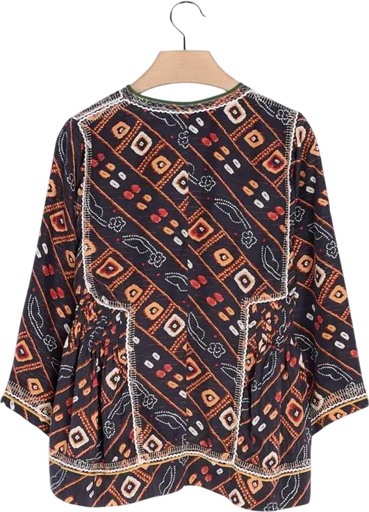 ISABEL MARANT Black 100% Silk Printed Notch Neck Top Fr38 UK 10