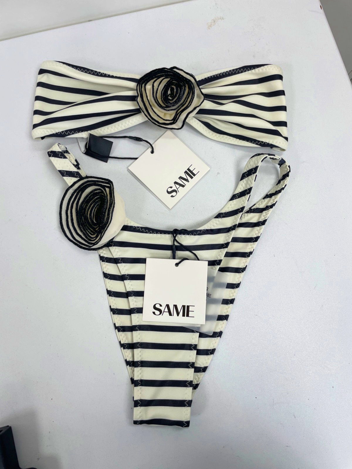 SAME LOS ANGELES Black/White Striped Bikini Set UK S