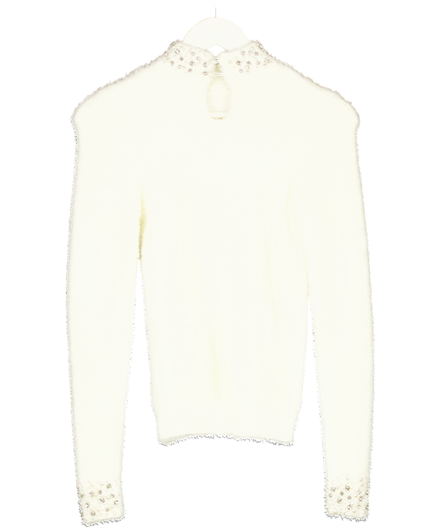 River Island Cream Pearl/Diamante Embellished High Neck Fluffy Jumper UK 8