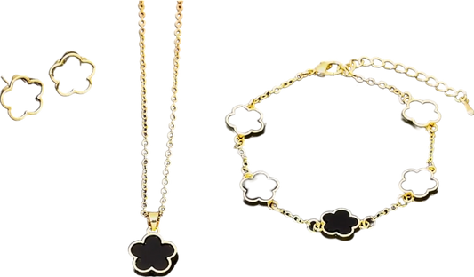 Black /gold 3 Piece Clover Bracelet/necklace/earrings Set One Size